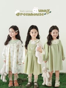 Spring Lightweight Breathable A-Line Dress Collar Shirt Doll Suit Set for Girls Casual Cotton Blend Fabric Daily Wear