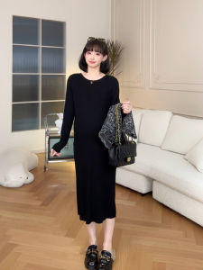 Váy Dài Vừa Phải Thời Trang Cho Bà Bầu Quần Áo Mang Thai Mùa Thu Đông Mới Váy Chữ a Cổ Tròn Màu Trơn