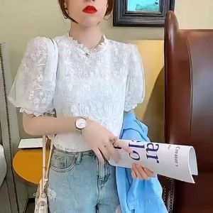 Plus Size Blouse Women Summer Korean Style Lace Puff Sleeve Shirt