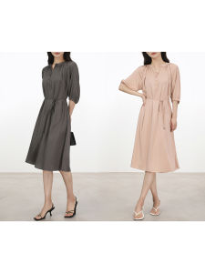 Mars Jaimin Silk Blend 27mm French Simple Waist Cinching Dress 632127 Summer Season Womens Dress round Neckline Belted