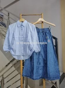 Setelan Anak Perempuan Lena Kemeja Katun Salur Rok Mayung Jeans Wash Fashion Kekinian