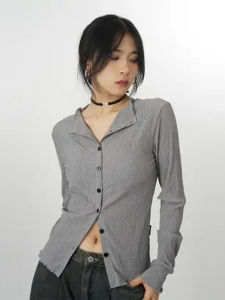 Fashionable Long Sleeve Shirt Womens Casual Style Pleated Design Spring 2025 Lazy Chic Top V-neck Single Button Closure
