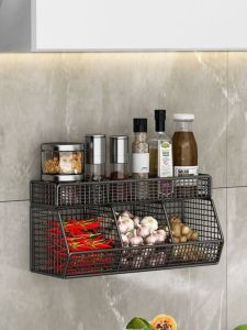 Kitchen Wall Mounted Storage Rack No Drilling Onion Garlic Herb Spice Rack Stove Top Seasoning Sauce Can Multi Layer Box