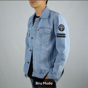 Jaket Jeans Denim Pria Logo Bordir Embleum