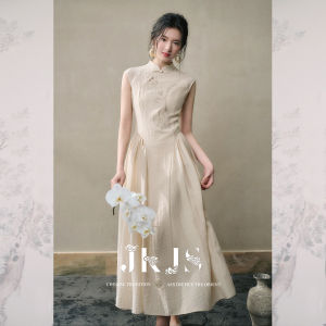 JK＆JS | New Chinese Style Silk Linen Dress Womens Summer Sleeveless High Waist Qipao Dress Embroidered High Collar Citywalk Casual