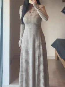 plus Size Knitted Long Dress Womens Autumn Winter Slimming Waist High Waist Button up Half Open Neck Base Layer Dress