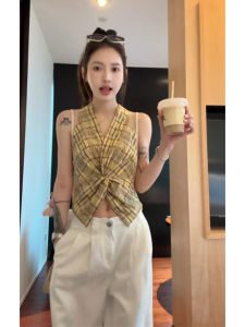 YUEZHONGWEI | Áo vest không tay ngắn kiểu Pháp cổ chữ V thắt nút màu vàng kẻ caro dành cho nữ mùa hè ngoài trời ôm vừa vặn gợi cảm