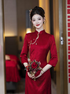 Elegant Red Dress Chinese Style Wedding Dress Artistic Retro Cheongsam Dress for Engagement Low Slit Breathable Seven Sleeve