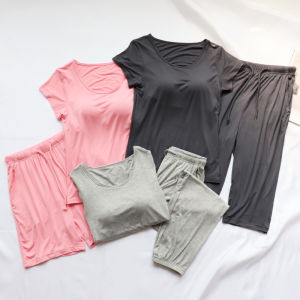 Bộ Đồ Ngủ Modal Mùa Hè Cho Nữ Tay Ngắn Không Dây Một Mảnh Có Đệm Ngực Quần Short Quần Dài Quần Dài Đến Đầu Gối