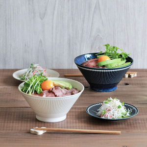 Japanese Mino Yaki Striped Ramen Soup Bowl Parent-Child Bowl Deep Soup Plate Curry Rice Breakfast Plate Albee