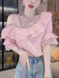 French Style Off-Shoulder Chiffon Shirt Womens Summer New Super Fairy Beautiful Fashionable High-End Short Sleeve Top