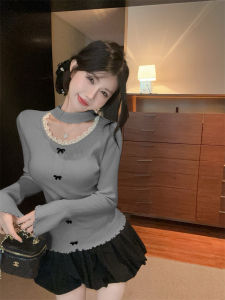 GUZILIAN | Elegant Long Sleeve Lace Knitwear Womens Base Layer Top Butterfly Knot Hollow Out Design Autumn Winter New Style Commute Fashion