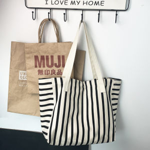 Stylish Japanese Style Striped Canvas Shoulder Bag for Men Women Lightweight Commuting Casual Large Capacity Artistic Eco-friendly Bag