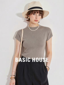 Basic House | Slim Fit Semi High Neck Icy Silk Knitted Short Sleeve T-Shirt