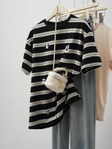 Embroidered Panda Stripe Short Sleeve T-Shirt Womens Loose Fit Summer Casual Top Korean Style round Neck Sweatshirt