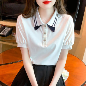 AMMIN Áo Thun Cotton Nguyên Chất Màu Chắp Vá Cổ Áo Polo Phối Sọc Sang Trọng Mới Mùa Hè Tay Ngắn Trái Tim Thời Trang Phong Cách Hàn Quốc Cho Nữ Thiết Kế Nút Thoải Mái Thường Ngày Áo Blouse Thanh Lịch