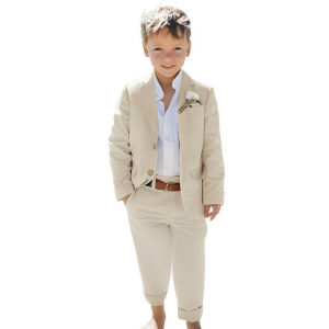 2 Pieces Beige Linen Boy Suits For Wedding Single Breasted Jacket Pants Children Birthday Tuxedo Summer Beach Party Kids Dress