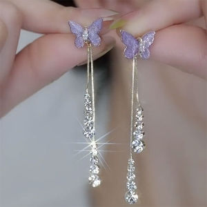 Elegant Purple Crystal Butterfly Long Dangle Earrings Womens Fashion Jewelry Lightweight Luxury Sparkling Studs  out