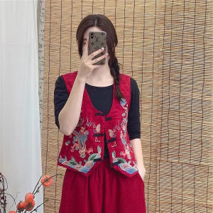 Ethnic Style Cotton Linen Embroidered Jacket Womens Spring Summer Loose Short V-neck Buttoned Shoulder Top