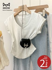 Miiow | Pure Cotton Short Sleeve Womens T-shirt V-neck Drawstring Loose Slimming Shoulder Summer New Style Grey MiiOW Cat Person