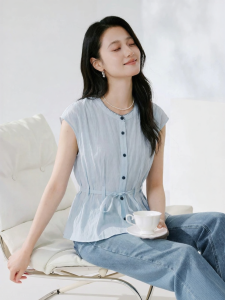 XIANGYING | Áo Blouse Không Tay Cổ Tròn Dây Buộc eo Phong Cách Pháp Màu Xanh