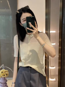 Slim Fit Polo Neck Ice Silk Knitted Top Womens Summer New Style Ageless Fashionable Body Shaping Slimming Korean Version