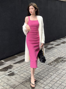 ชุดเดรสสีชมพูม่วง ชุดสองชิ้น เดรสยาวทรงเอเอวสูง แขนกุด คอวี ชุดทำงานสไตล์เกาหลี ชุดเดรสยาวปานกลาง