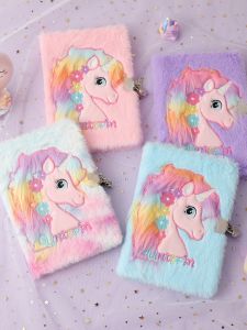 Cute Unicorn A5 Cartoon Plush Notebook with Lock Childrens Diary Book Girls Scrapbook Gift Memo Book Lovely Soft Cover