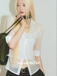 La lune Du ciel | Áo Blouse Mùa Hè Xuyên Thấu Kẻ Sọc Uốn Twisted Pháp