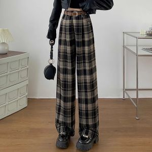 WANGGONGZHU | High Waist Plaid Fleece Lined Thick Wide Leg Pants Women Autumn Winter Straight Casual Long Pants Slimming Fashionable