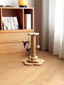 4in1 Solid Wood Cat Scratching Post Natural Sisal Scratcher with Interactive Track Toys and Dangling Plush Ball