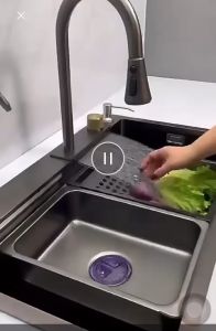 Chậu Rửa Bát 1 Hố Inox 304 Có Vòi Rút Thác Nước Bồn Rửa Chén 1 Ngăn Lớn Gồm Thớt Nước Ngang Khay Rửa Xiphong