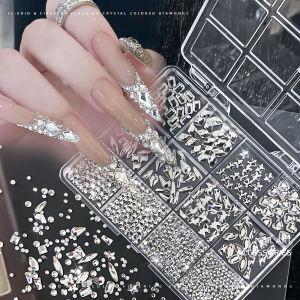 12Grids 3D Clear Round Nail Art Rhinestones Flat Back Crystal Gemstones Nails Charms Sparkling Diamond DIY Manicure Decorations