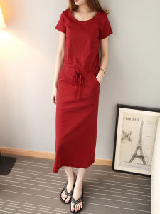 Drawstring Waist Slimming Casual Cotton Dress Summer