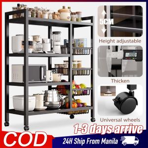 Kitchen Racks Organizer Shelf with 3 Removable Basket Kitchen Shelves with Wheels Microwave Oven Shelf Rack Condiments Racks Organizer Movable Kitchen Organizer Space Saver Layer Height Adjustable