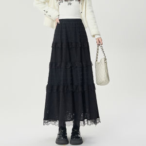 High Waist Lace A-Line Midi Skirt Womens Spring Autumn New Style Cake Skirt Draping Casual Large Swing Korean Style