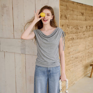XIANGYING | Off-shoulder Knitted T-Shirt Grey Drawstring