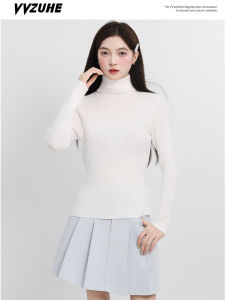 Áo Len Dệt Kim Cổ Cao Tay Dài Màu Trắng Ôm Vừa Vặn Phong Cách Mỹ Đơn Giản Cho Nữ Mùa Thu