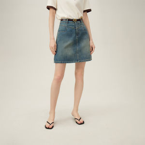 กระโปรงยีนส์ทรงเอเอวสูง สไตล์วิทยาลัย กระโปรงสั้นฤดูร้อนสำหรับผู้หญิง ทรงเข้ารูป 100% ผ้าฝ้าย สีพื้น กระโปรงทรงเอ