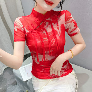 YIMEI ใหม่สไตล์จีนสไตล์จีนเสื้อผู้หญิงฤดูร้อนใหม่ติดกระดุมปรับปรุงใหม่ Hanfu ย้อนยุคตาข่ายพิมพ์ลายแขนสั้นสีแดง