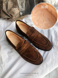 Handmade Leather Tassel Loafers Womens Fashion Single Shoes Chocolate Color Suede British Style Flat Heel round Toe Rubber Sole