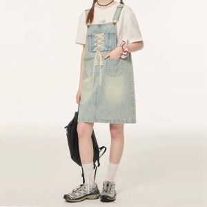 Retro Vintage Denim Overalls Set Women Loose A-Line Mini Skirt Summer Cotton Polyester Regenerated Cellulose Fiber Princess Style High Waist Pocket Design Sleeveless Dress