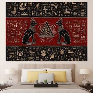 VIKAMA Ancient Egyptian Mural Wall Tapestry Hieroglyph Horus Pharaoh Altar Offering Brown Gold Historical Mythology Art Decor