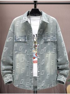 Denim Outwear Mens Spring & Fall Letter Dark Pattern Retro Blue Casual Shirt Men Jacket Loose Trendy Handsome Top