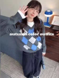 Blue Geometric V-Neck Pullover Knitted Sweater Womens Early Spring Autumn Soft Long Sleeve Base Shirt College Style Top