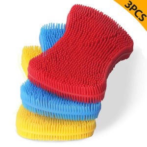 3Pcs Silicone Dish Washing Brush Pot Pan Sponge Kitchen Cleaning Brush Scouring Pad Vegetable Fruit Pot Pan Wash Brush