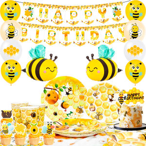69PCs Bee Party Decorations Hombae  Bee Day Themed Birthday Party Decorations-Backdrop Balloon  Banner Tablecloth Cake etc