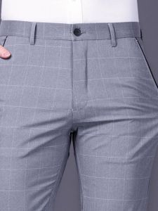 Mens Lightweight Comfortable Plaid Business Casual Straight Leg Ultra Soft Long Pants Elastic Waist Small West Pants