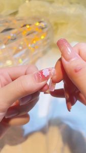 Gradien Oranye Mutiara Bunga Tiga Dimensi dengan Berlian & Kuku Palsu Elegan