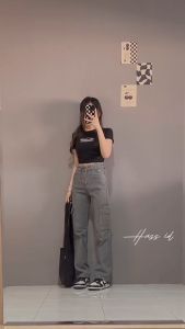 Hass Highwaist Cargo Korea Style Kulot Jeans Grey Abu